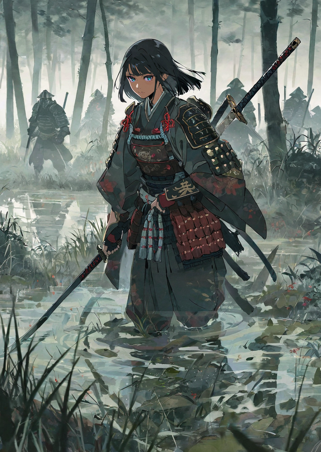 by yoneyama mai ,  
1girl,   
detailed face, beautiful japanese woman in fantasy samurai armor, 
trudging through misty sw...